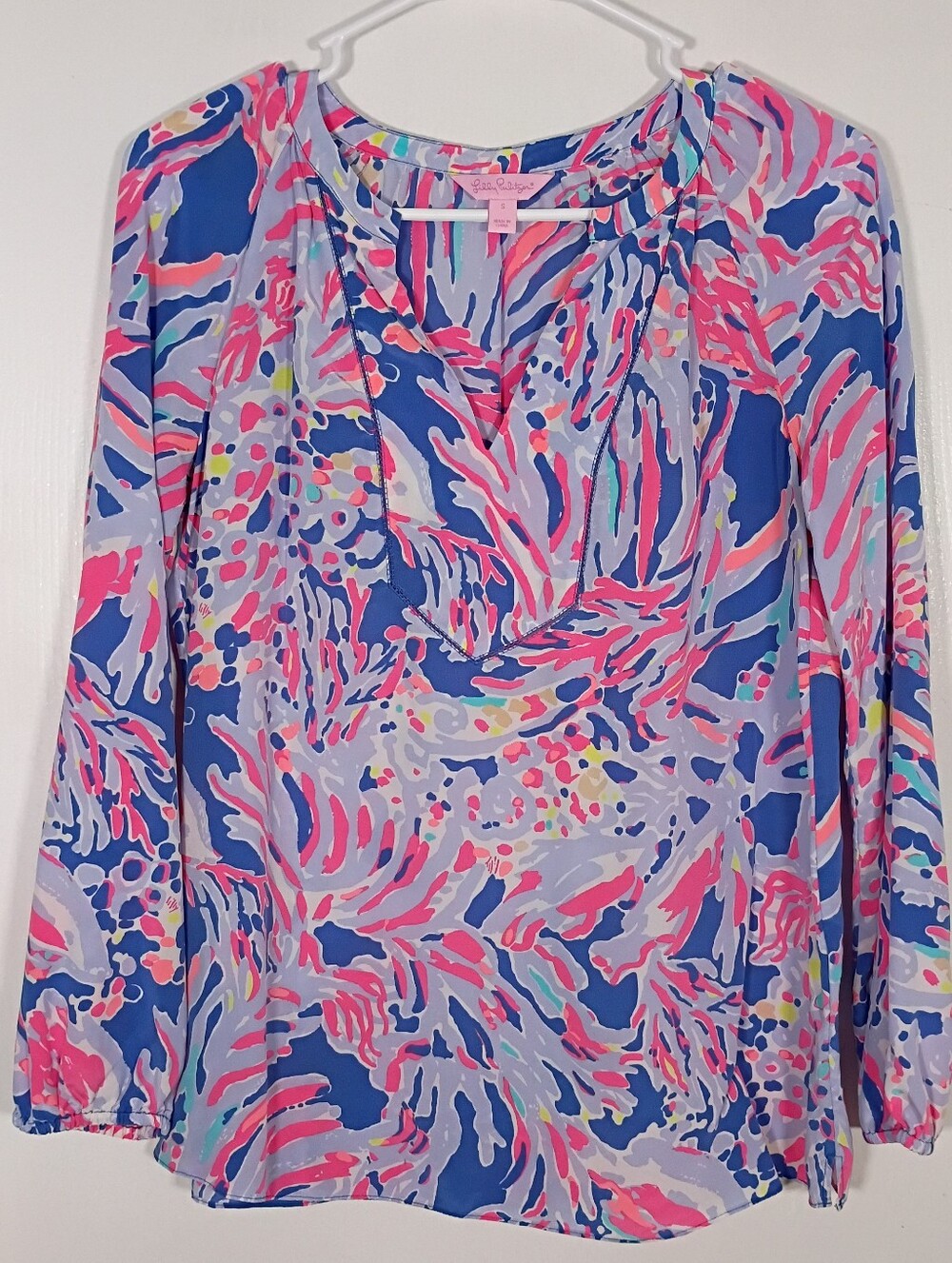 Lilly Pulitzer Saria Silk Top Women's Small Pink Blue Shrimply Chic *NO TASSELS